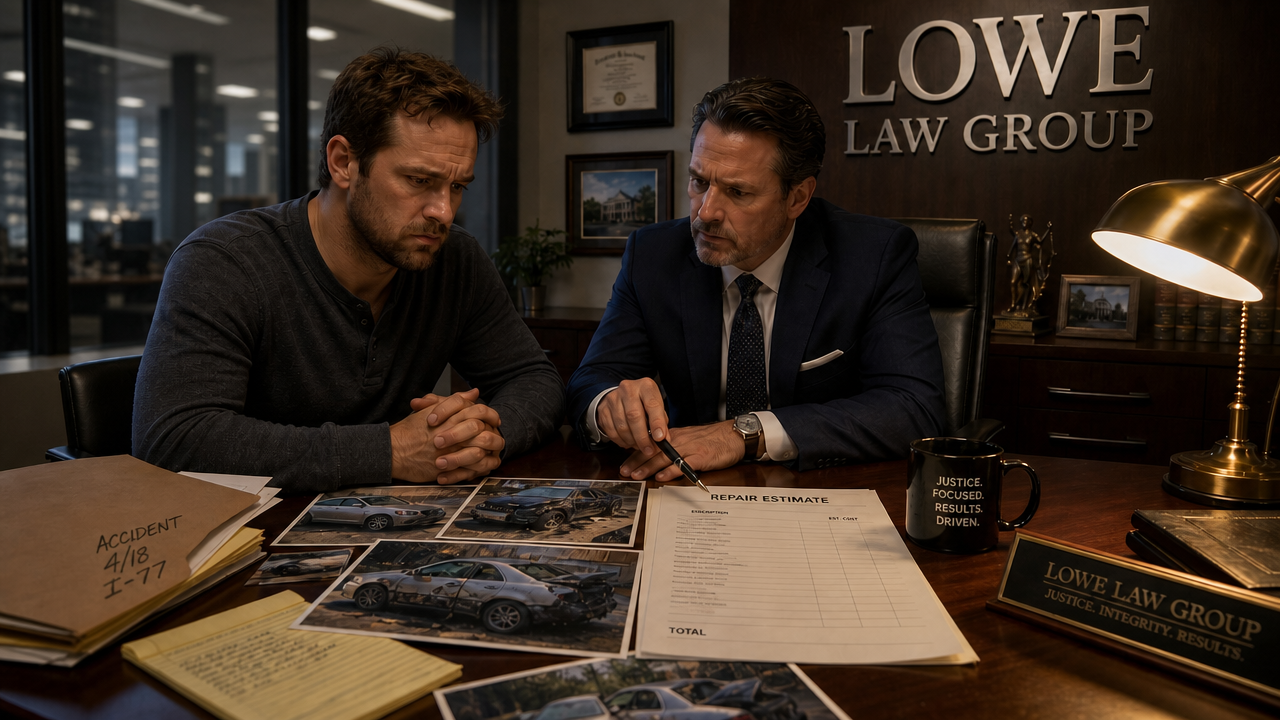 Personal injury attorney meeting with a client after a wildlife-related vehicle accident, reviewing documents in a professional law office.