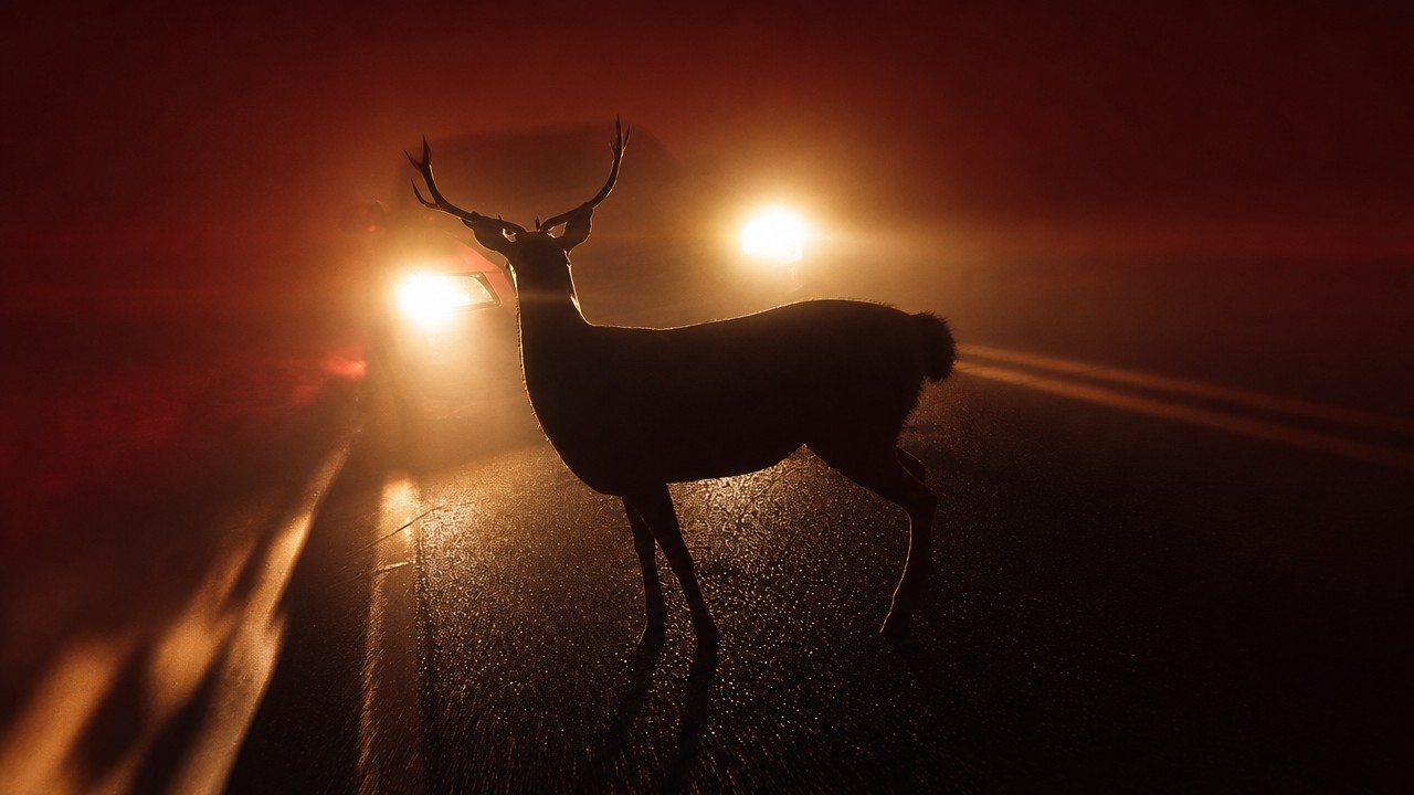 A deer stands on a rural roadway at night as bright car headlights approach through fog, illustrating the danger of animal collisions.