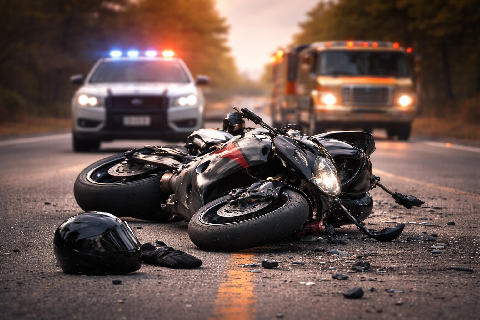 Motorcycle crash scene with damaged bike and emergency vehicles on road in Billings Montana