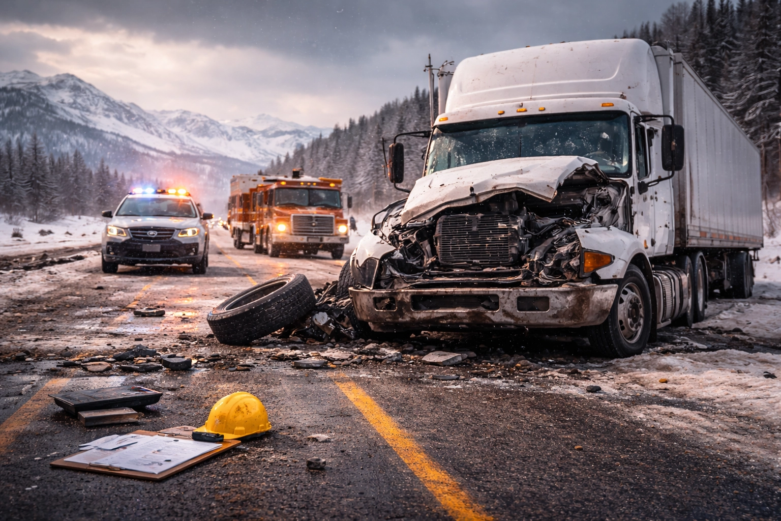 Wide landscape image of a damaged semi-truck involved in a crash on an icy Wyoming highway near Casper, with emergency vehicles responding in the background. The scene highlights dangerous winter driving conditions and supports content about hiring a Casper truck accident attorney to pursue compensation after serious commercial vehicle accidents.