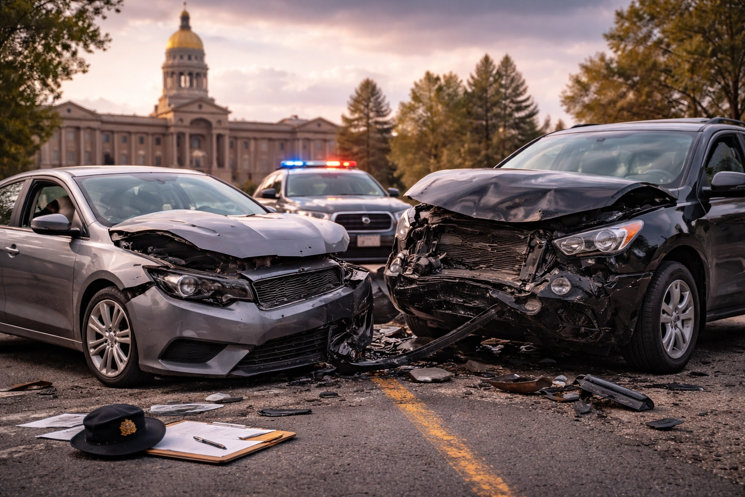 Landscape image of a serious two-vehicle collision with front-end damage and debris on the road in Cheyenne, Wyoming. A police vehicle responds at the scene, illustrating the impact of car accidents and supporting content about hiring a Cheyenne automobile accident attorney near me to pursue compensation and protect legal rights.