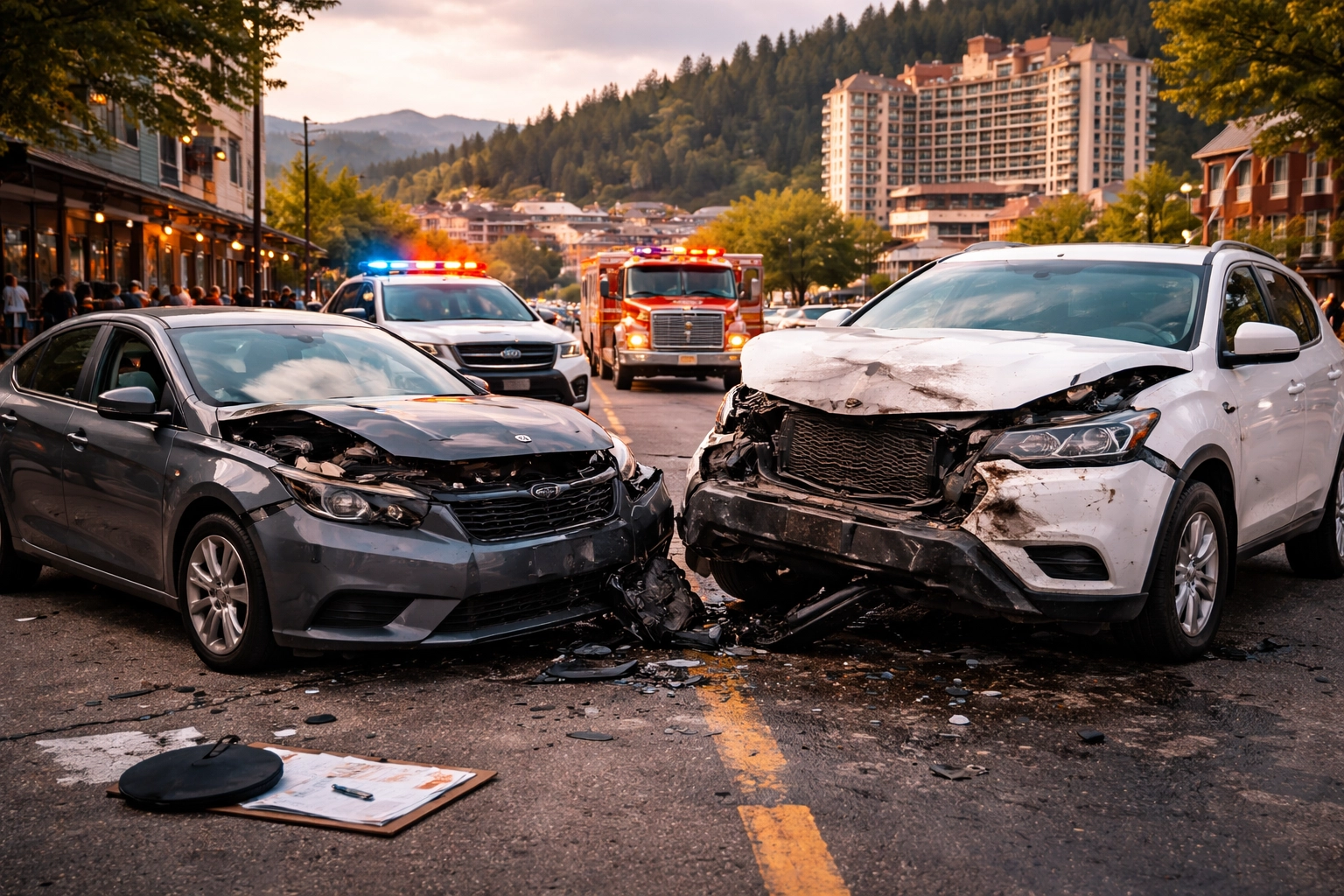 Landscape image of a serious two-vehicle collision with visible front-end damage and debris on the road in Coeur d'Alene, Idaho. Emergency responders are present at the scene, illustrating the risks of car accidents and supporting content about hiring Coeur d'Alene car accident lawyers to pursue compensation and protect legal rights.