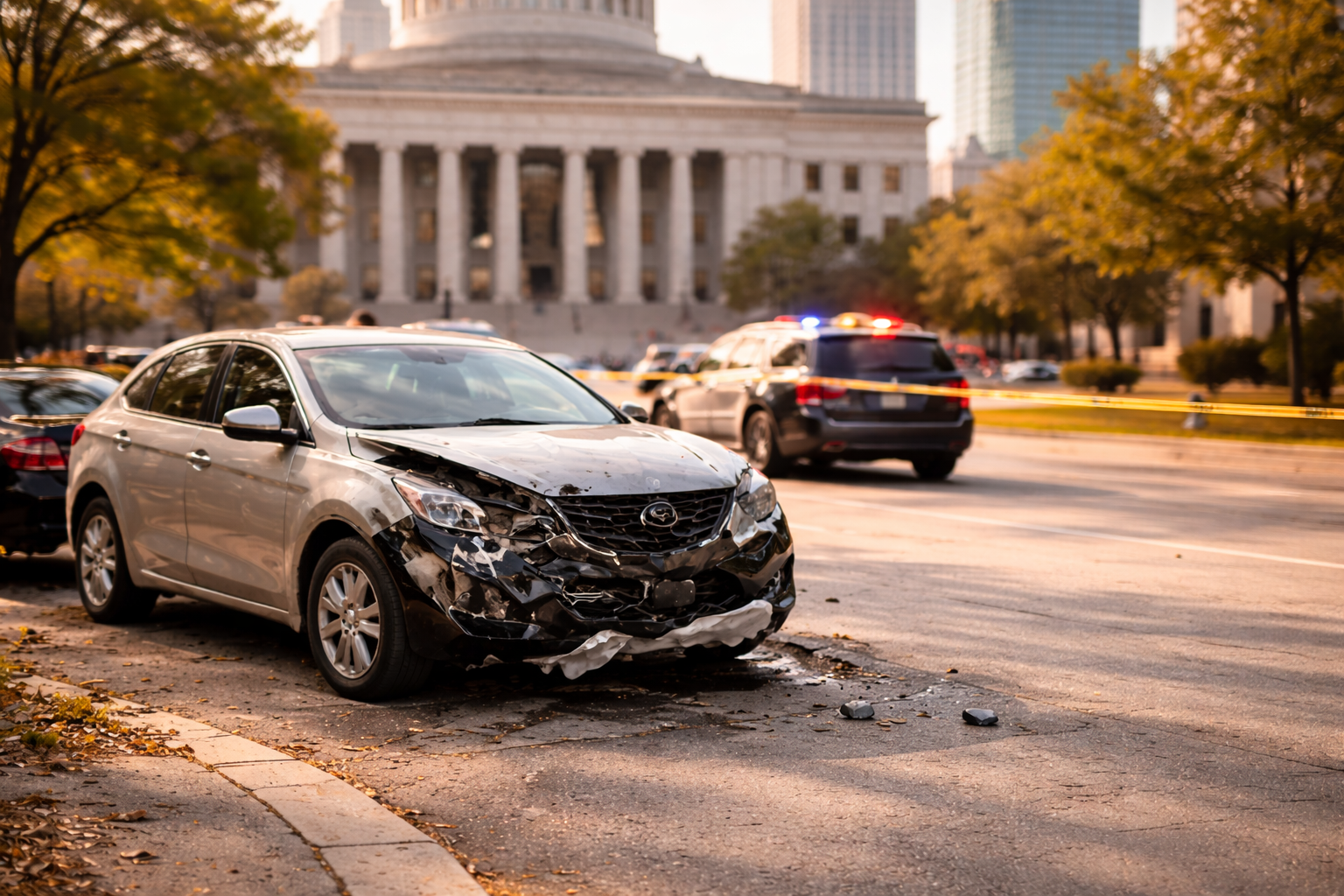 Car accident scene in downtown Columbus Ohio where victims may seek help from the best personal injury attorney in Columbus