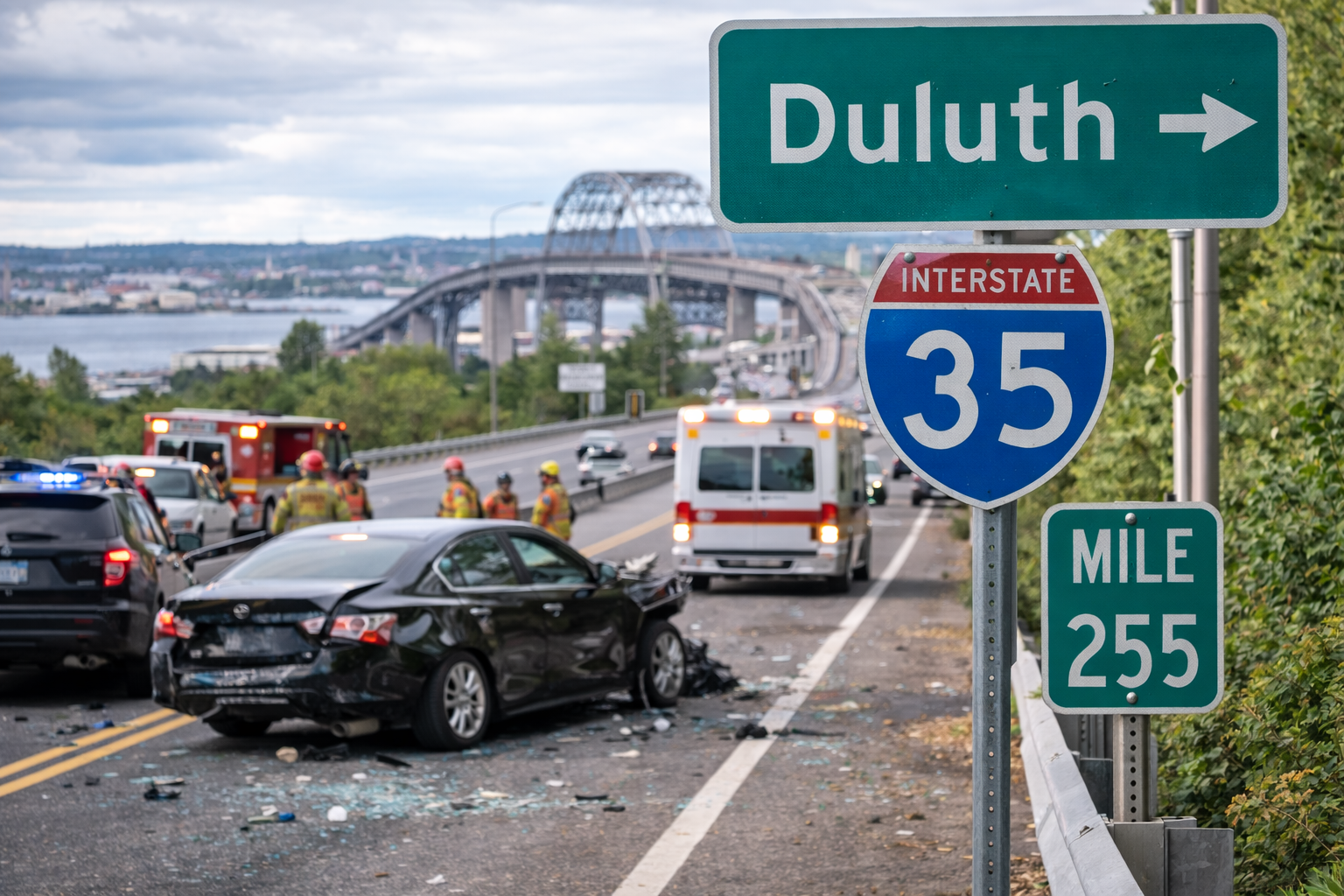 A multi-vehicle crash scene on Interstate 35 in Duluth, Minnesota, with emergency responders and damaged vehicles on the roadway, illustrating the types of accidents where a Duluth personal injury lawyer may help injured victims pursue compensation.