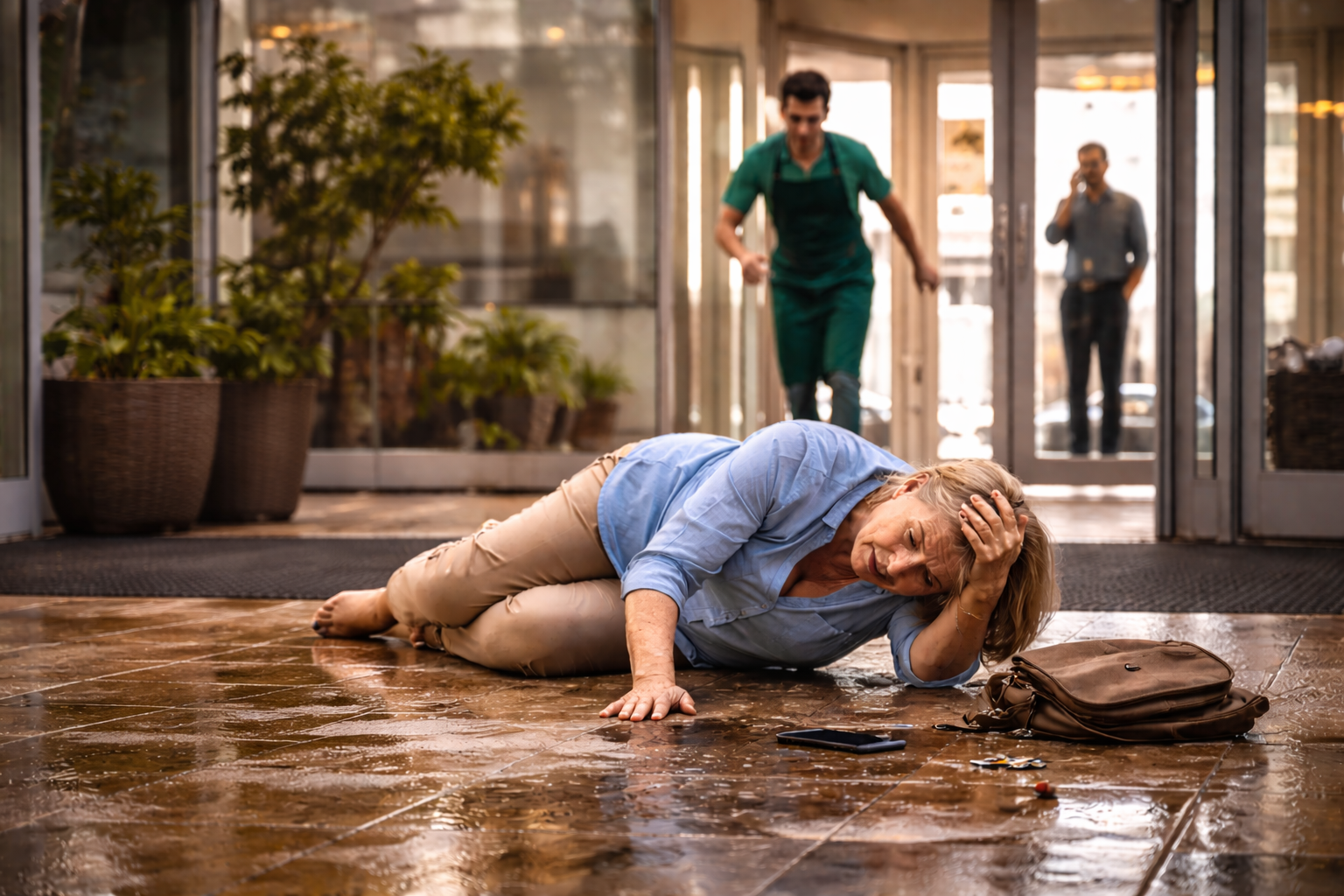 Person injured after slipping on a wet floor in a commercial building, representing a premises liability case handled by Federal Way personal injury lawyers.