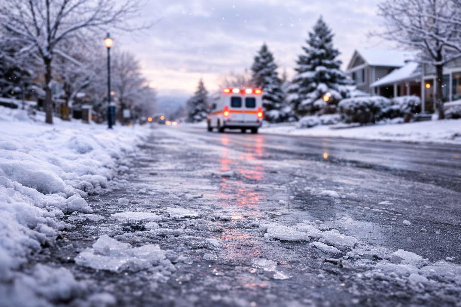 An icy winter road in Lehi, Utah showing hazardous conditions that can cause slip-and-fall accidents, highlighting situations where Lehi slip and fall lawyers help injury victims recover compensation.