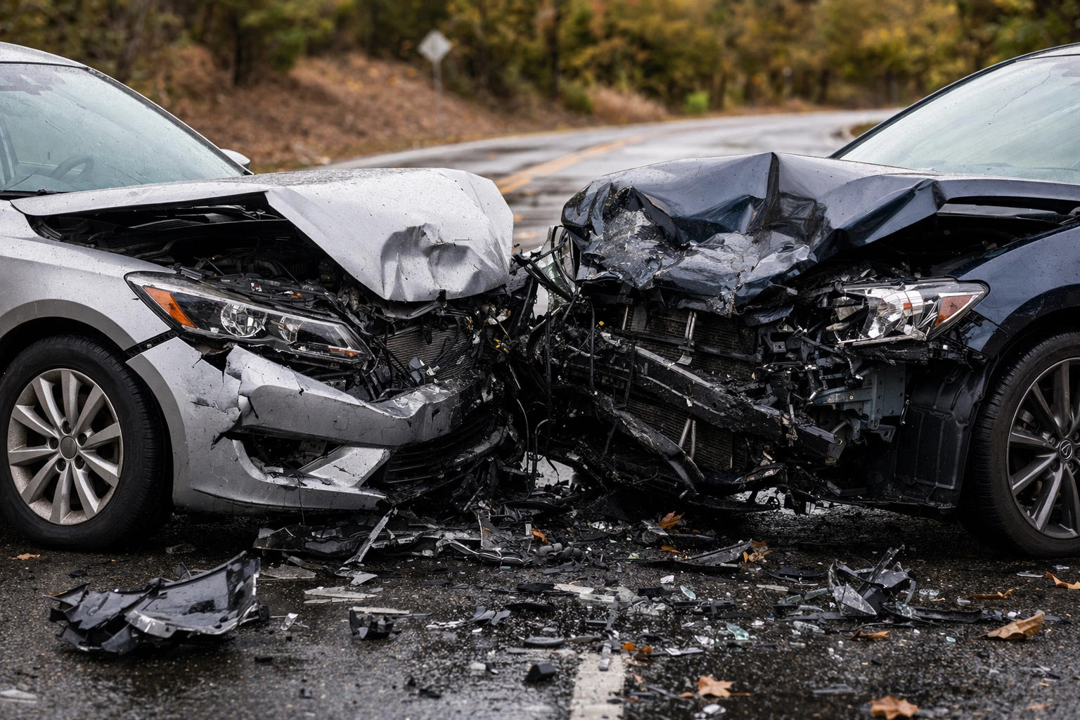 Close-up landscape image of two heavily damaged vehicles after a head-on collision on a wet roadway near Missoula, Montana. Crumpled front ends and scattered debris highlight the severity of the crash, supporting content about hiring an auto accident attorney in Missoula to pursue compensation and protect legal rights after serious car accidents.