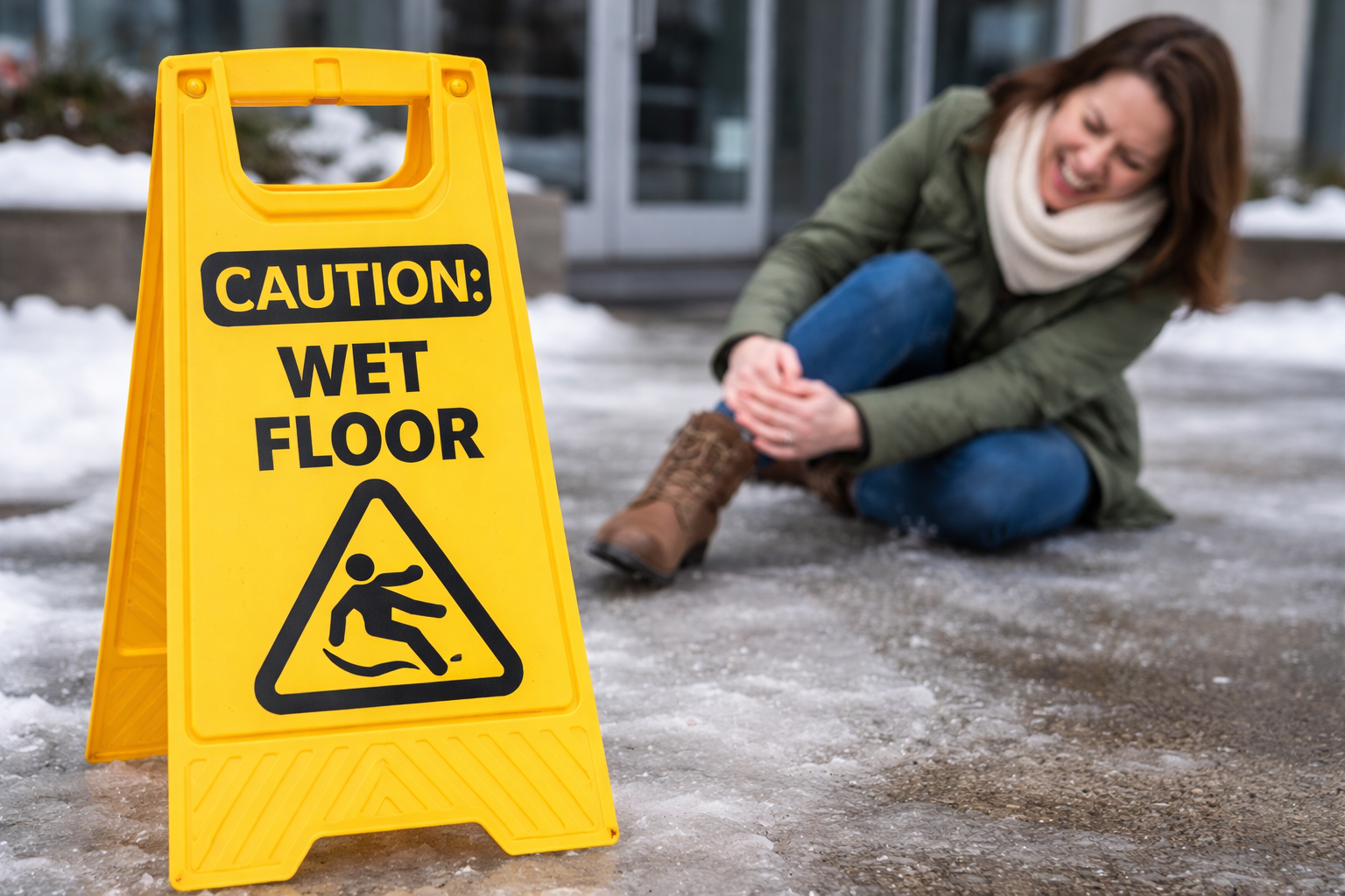 A wet floor warning sign placed on icy pavement outside a building in Missoula, representing a slip-and-fall accident caused by unsafe winter conditions.