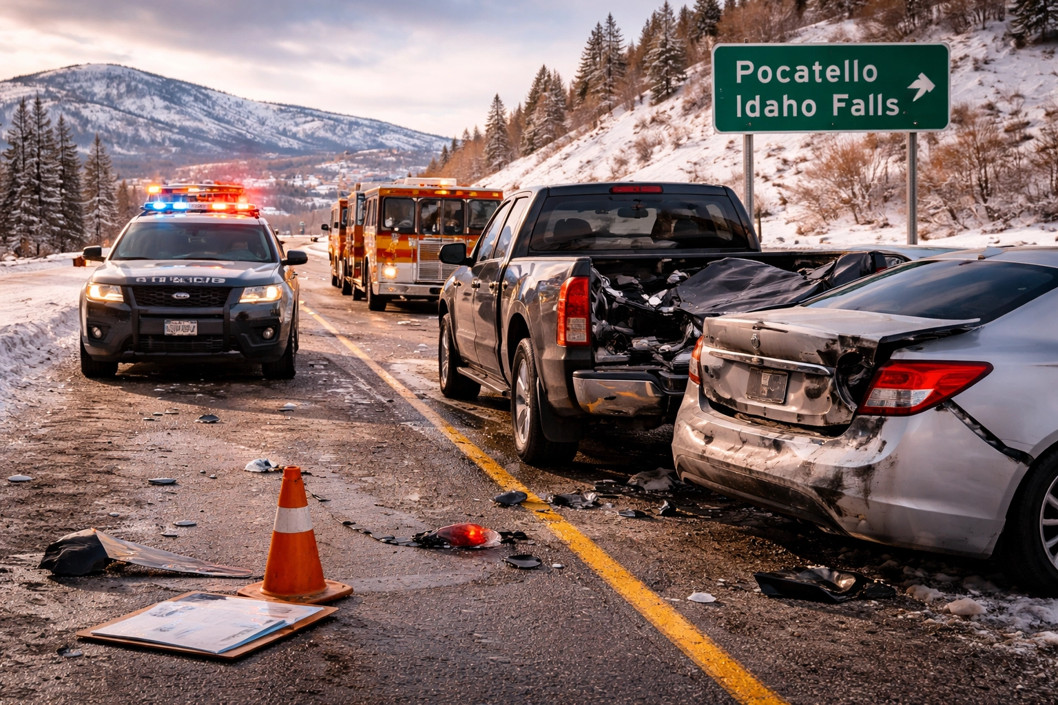 Landscape image of a multi-vehicle accident on an icy highway near Pocatello, Idaho, with police and emergency vehicles responding. Damaged cars and road debris highlight hazardous driving conditions, supporting content about hiring Pocatello traffic accident lawyers near me to pursue compensation and protect legal rights after a crash.