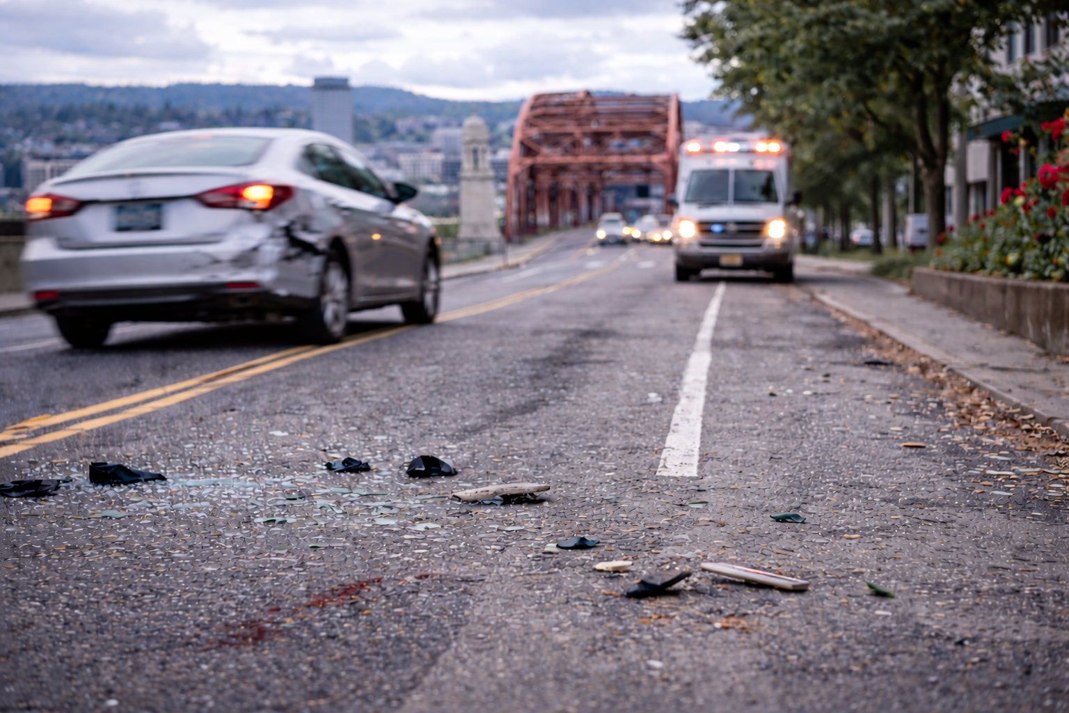 Car accident scene in Portland Oregon where a personal injury attorney may help victims recover compensation
