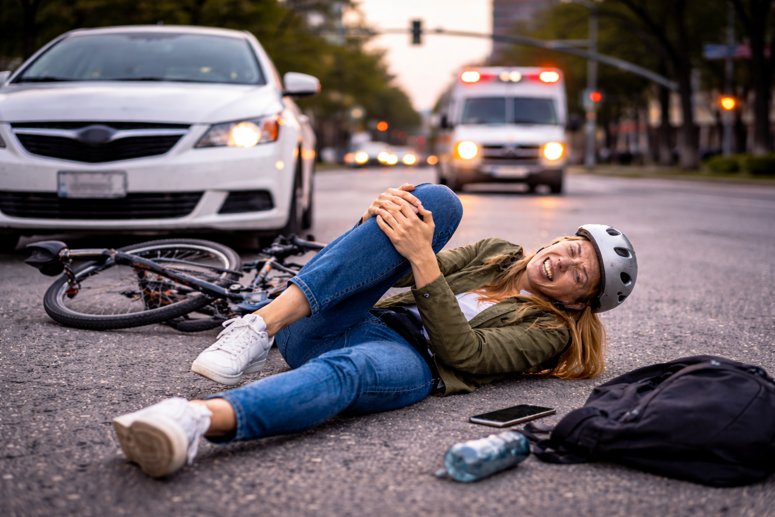 A woman lying on the street after a bicycle accident while holding her injured knee, with a damaged bike, a nearby car, and an approaching ambulance in the background, representing a personal injury accident scene.
