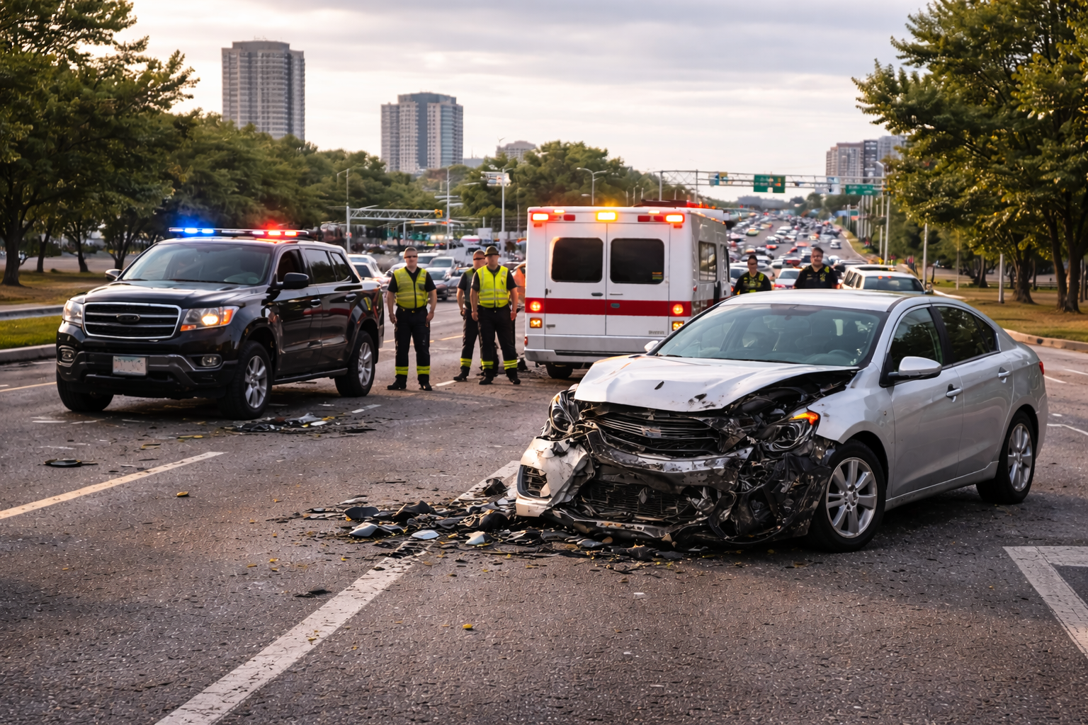 Car accident scene on a city road illustrating a case handled by Wichita personal injury lawyers after a traffic collision.