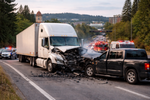 Truck accident in Spokane Washington involving a semi truck on a busy roadway