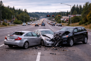 Car accident in Federal Way Washington involving multiple vehicles on a busy roadway