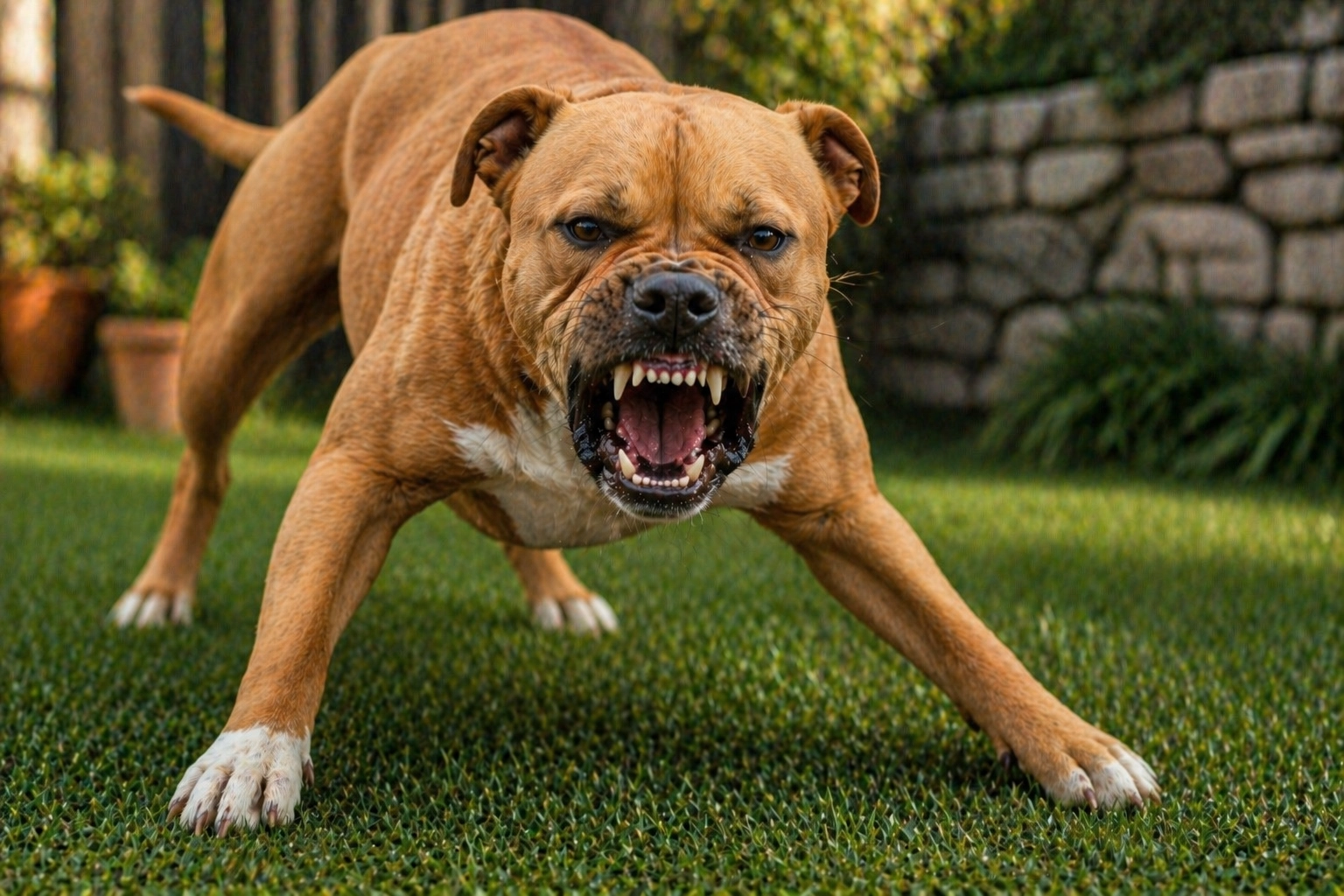 Aggressive dog snarling in a backyard setting relevant to Coeur d’Alene dog bite law firm cases