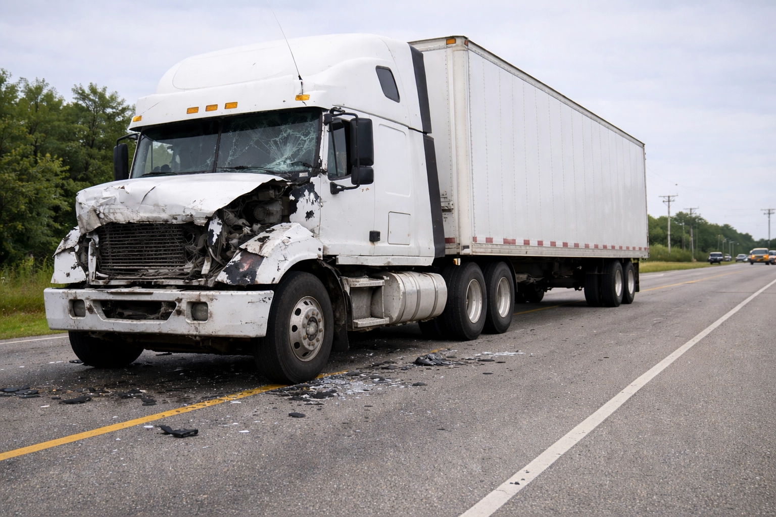 A heavily damaged semi-truck sits on a highway after a collision in Columbus, Ohio. Truck accidents in this major freight hub often involve complex liability and serious injuries, making legal representation from experienced truck accident lawyers essential for victims seeking compensation.
