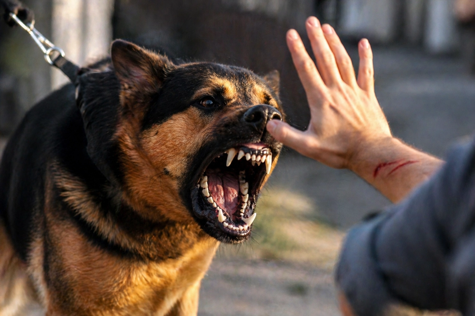 Dramatic close-up of an aggressive dog lunging and baring its teeth at a person attempting to defend themselves, illustrating a real-life dog attack scenario. This image reflects the types of incidents handled by a dog bite lawyer Casper, emphasizing the risks of serious injury and the importance of legal representation for victims.