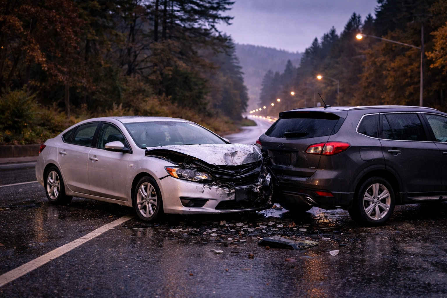 Description: Landscape image of a rear-end collision on a wet roadway in Eugene, Oregon, showing two vehicles with moderate front and rear damage. Rainy conditions and scattered debris highlight common accident risks, supporting content about hiring a Eugene car wreck attorney near me to recover compensation and protect legal rights after a crash.