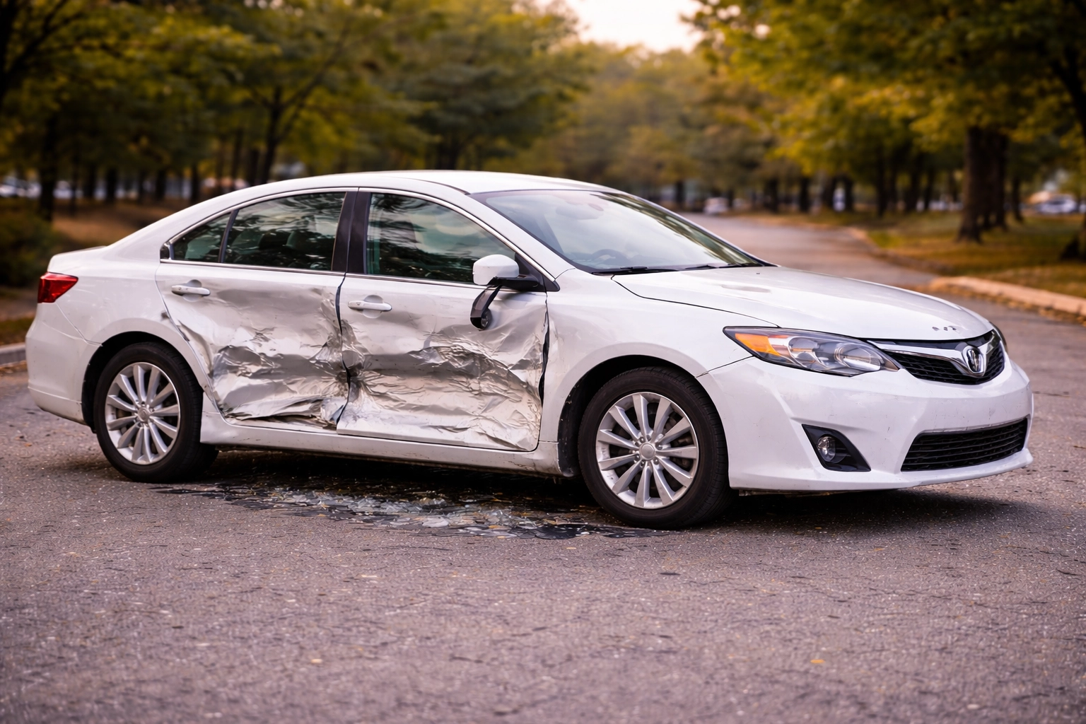 White sedan with visible side impact damage on a roadway, representing common collision cases a Federal Way best car accident lawyers handles when pursuing compensation for injured victims.