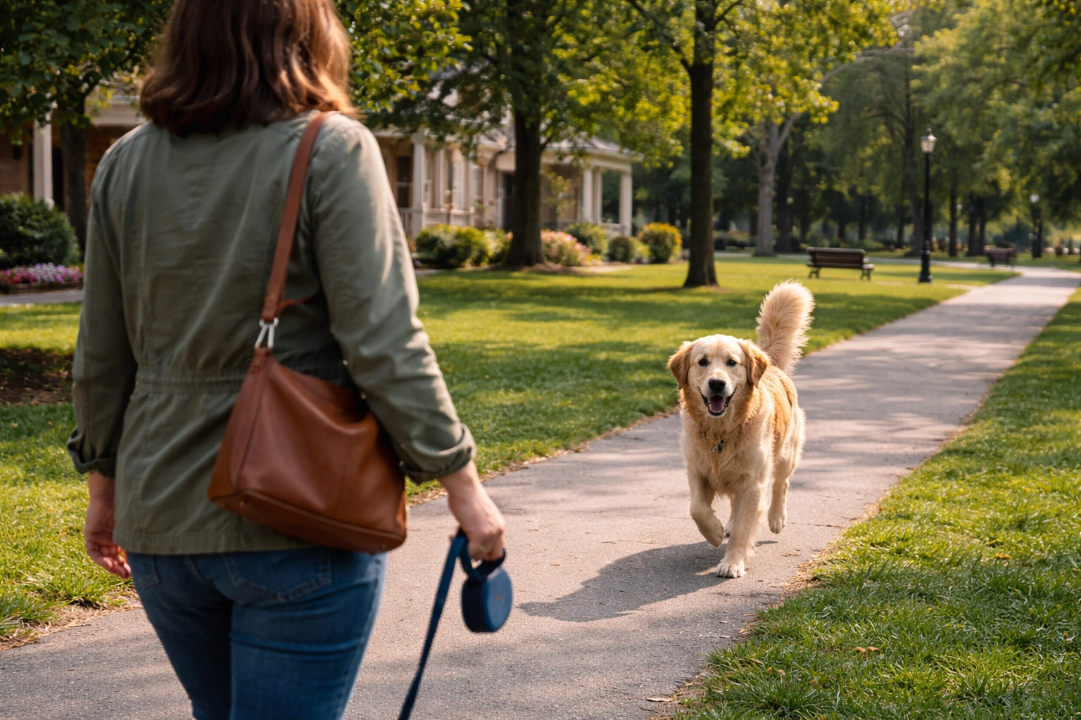 A woman walks through a Minneapolis neighborhood park as a dog approaches off-leash, highlighting common scenarios where dog bites can occur. Minneapolis dog bite lawyers help victims recover compensation under Minnesota’s strict liability laws.
