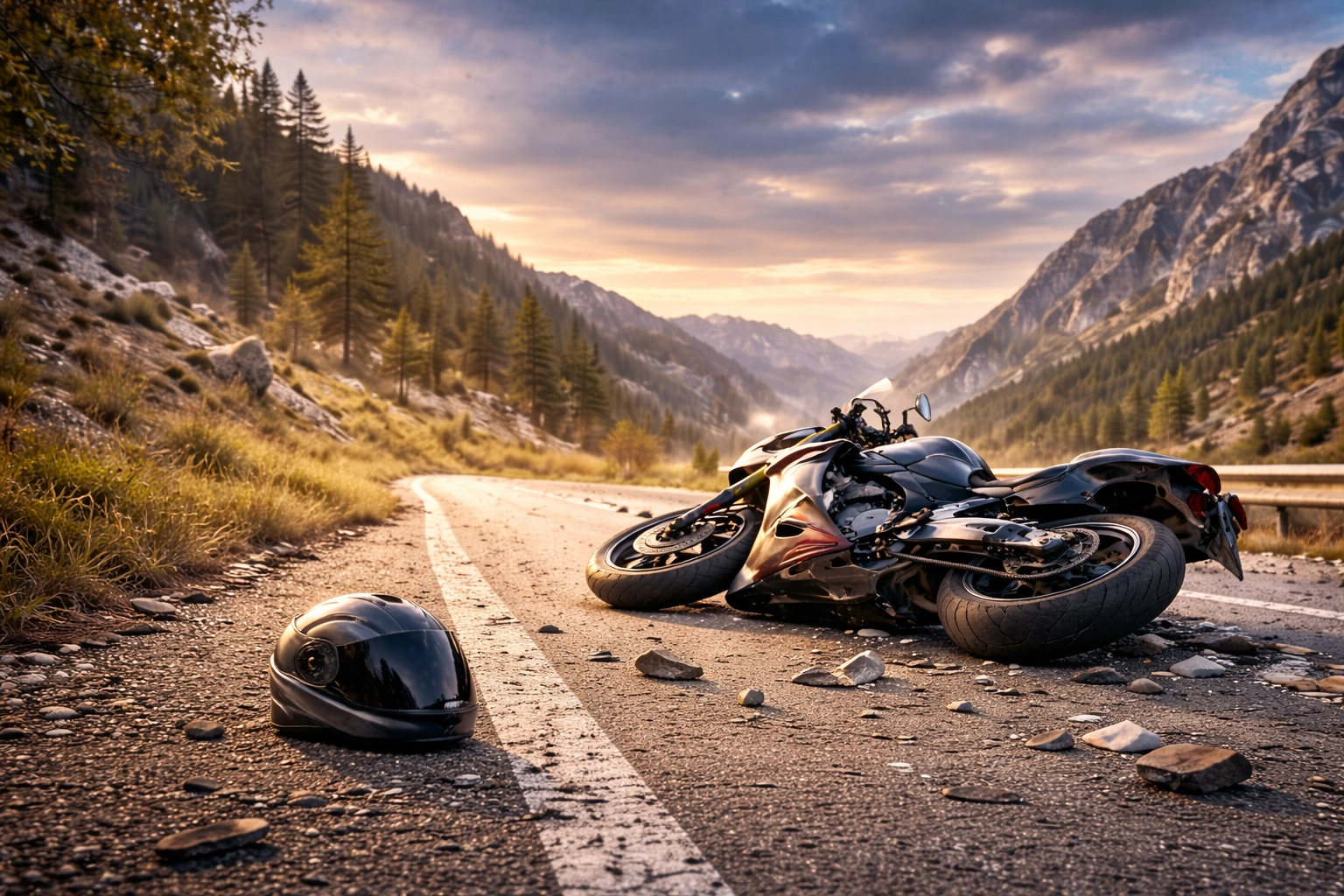 A crashed motorcycle lying on a mountain road in Ogden, Utah, illustrating the dangerous conditions riders face and scenarios handled by an Ogden motorcycle accident attorney, including high-risk terrain, debris, and accident liability cases.