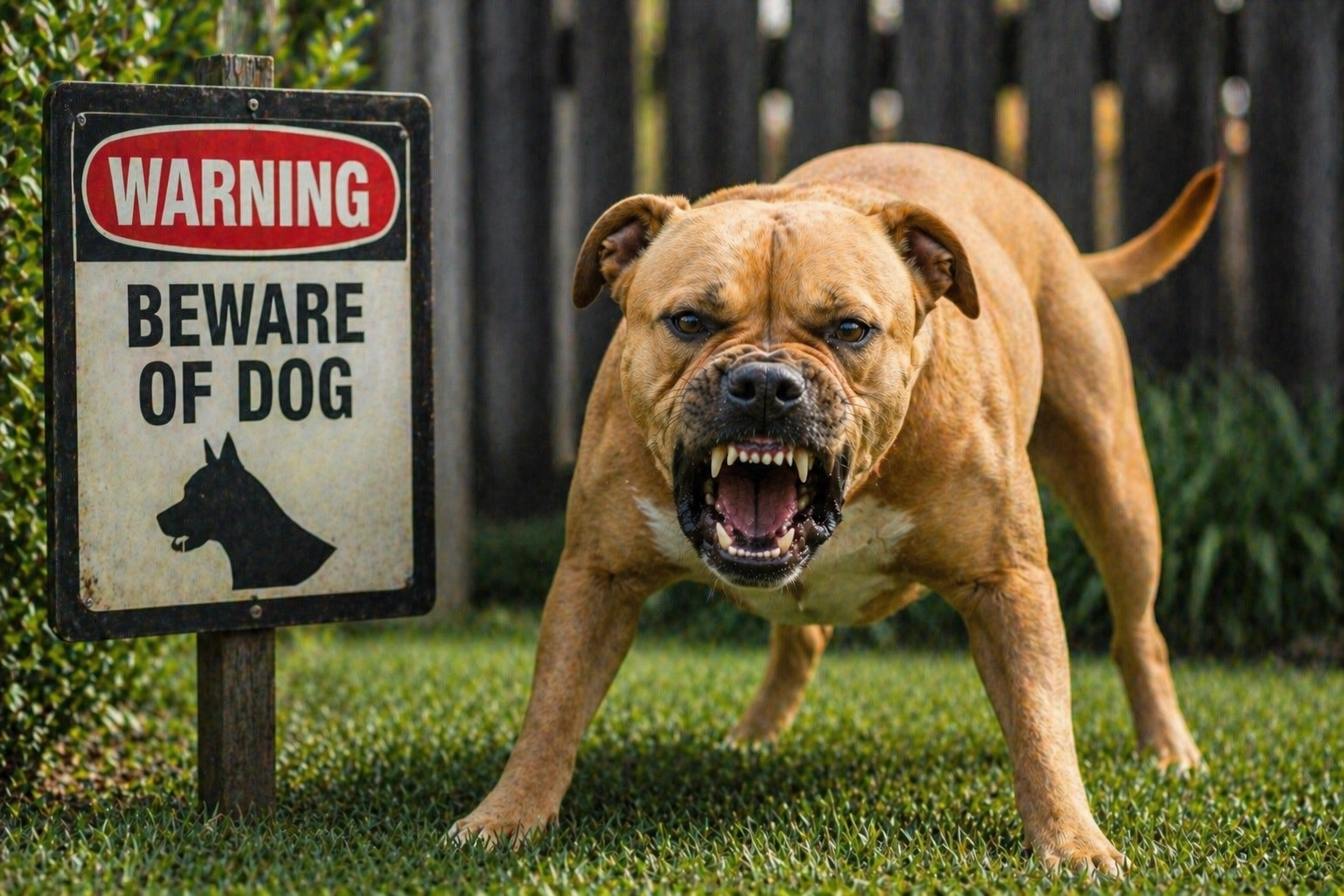 aggressive dog snarling near a warning sign in a backyard relevant to Pocatello lawyer for dog attack cases