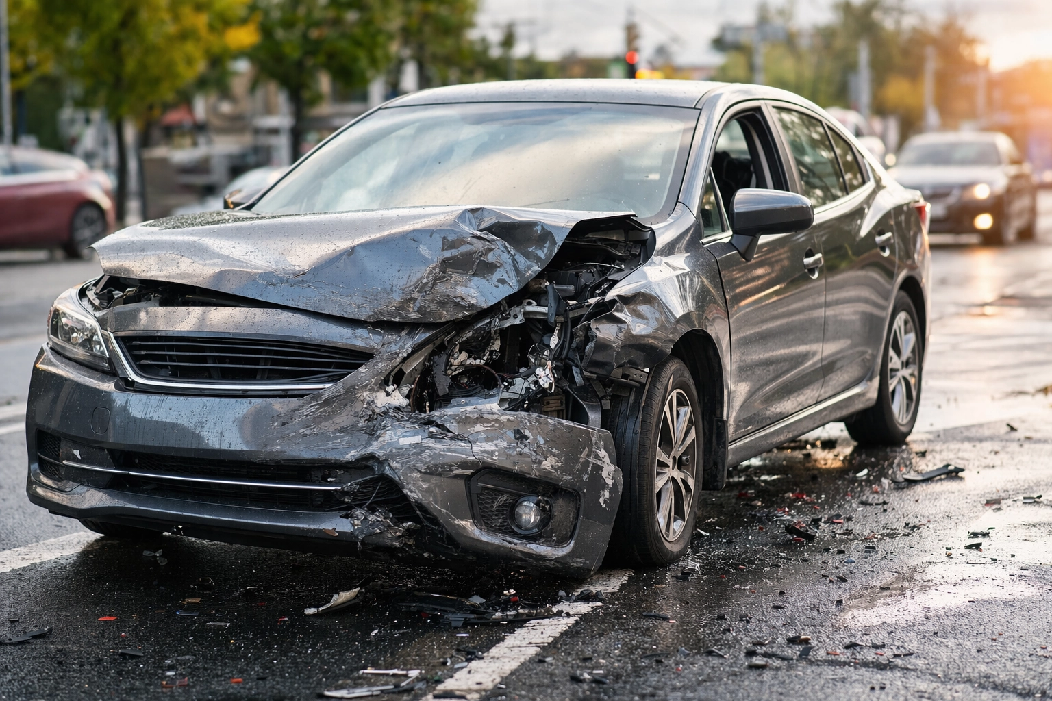 A silver sedan with severe front-end damage following a collision on a wet city street, illustrating the aftermath of a serious incident handled by a Portland car accident lawyer