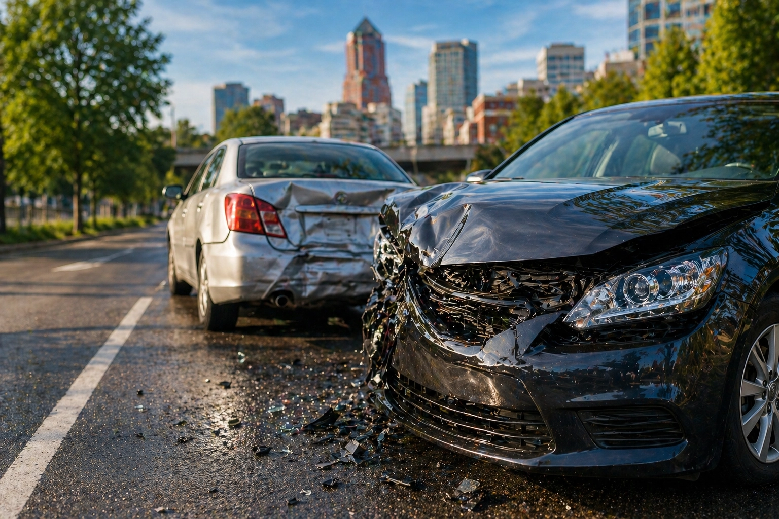 damaged cars after a rear-end collision on a city street relevant to Portland car accident lawyer cases