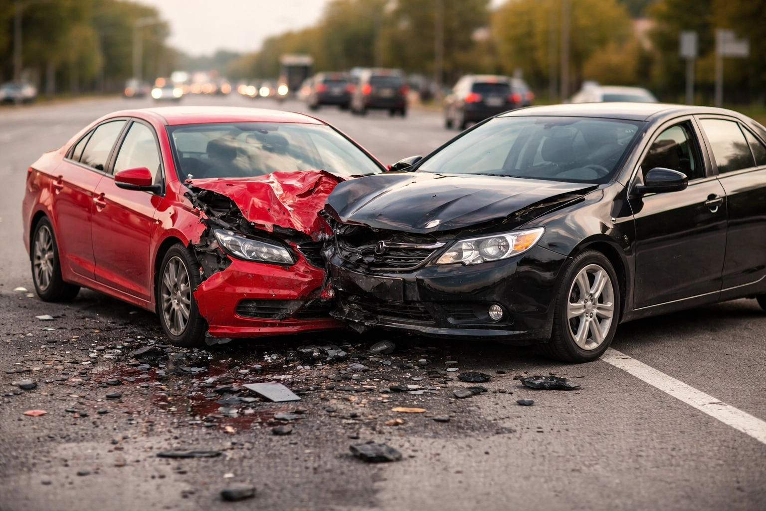Two vehicles with severe front-end damage sit on a roadway after a car accident, with debris scattered across the pavement. The image highlights the seriousness of motor vehicle collisions and the potential need for legal representation after a crash.