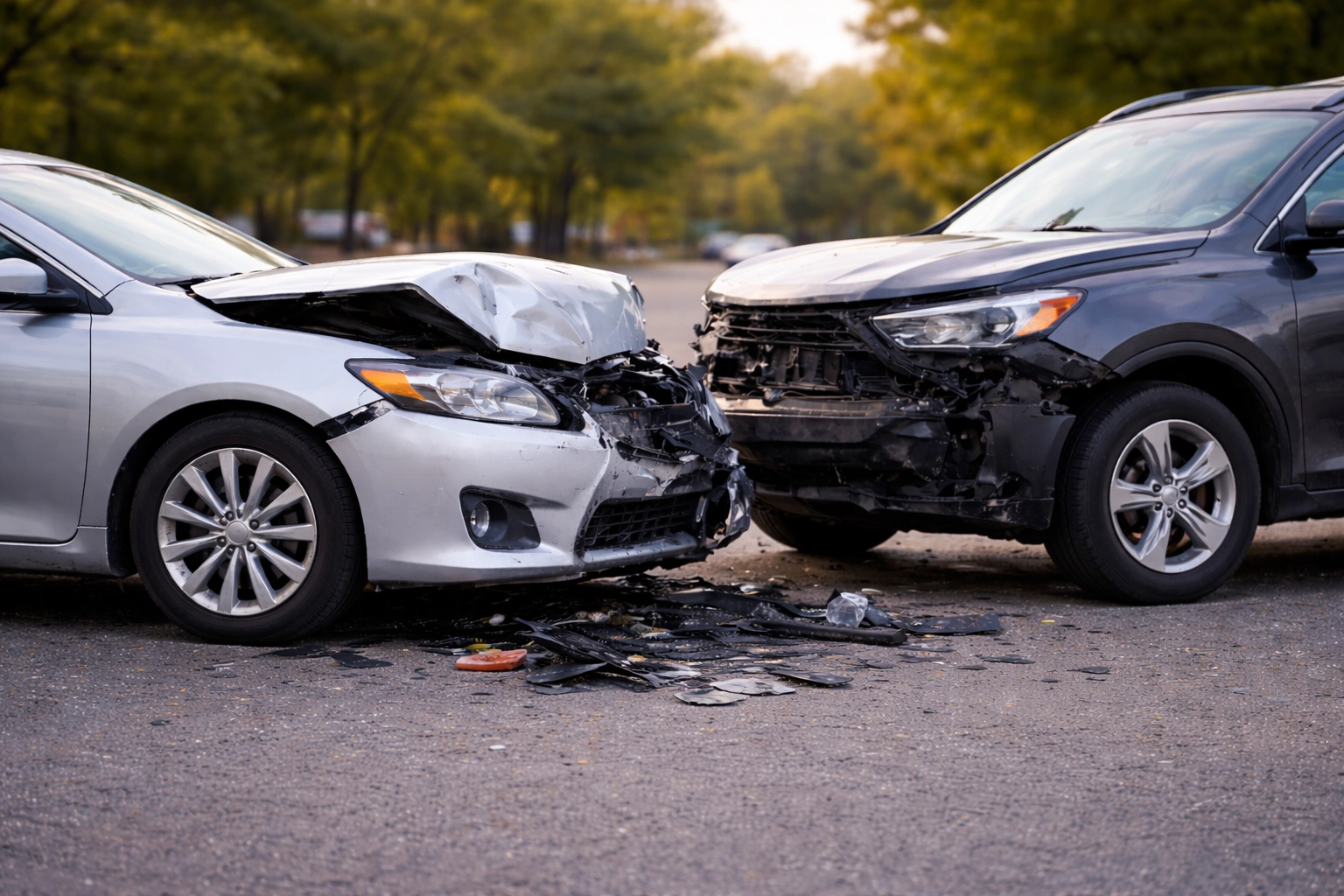 Moderate two-car collision showing front-end damage on a suburban road, representing common cases a Spokane accident lawyer handles for injury and insurance claims.