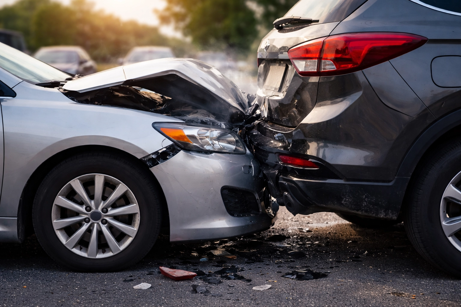 Rear-end car accident with visible vehicle damage, a common case a Springfield accident lawyer handles when helping clients recover compensation after crashes.