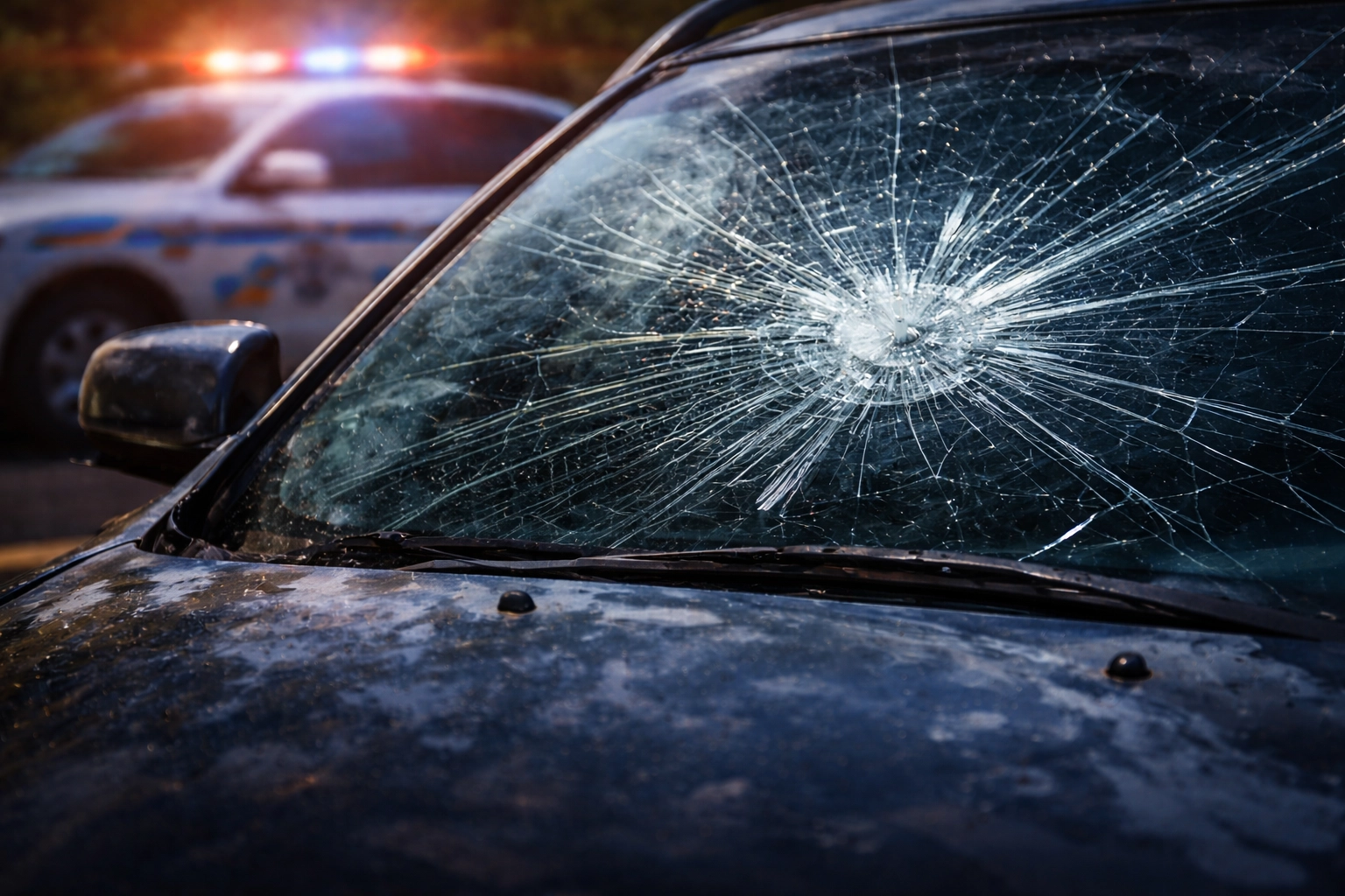 Close-up of a shattered windshield after a car accident with blurred police lights in the background, representing serious collision damage and injury claims in Wichita.