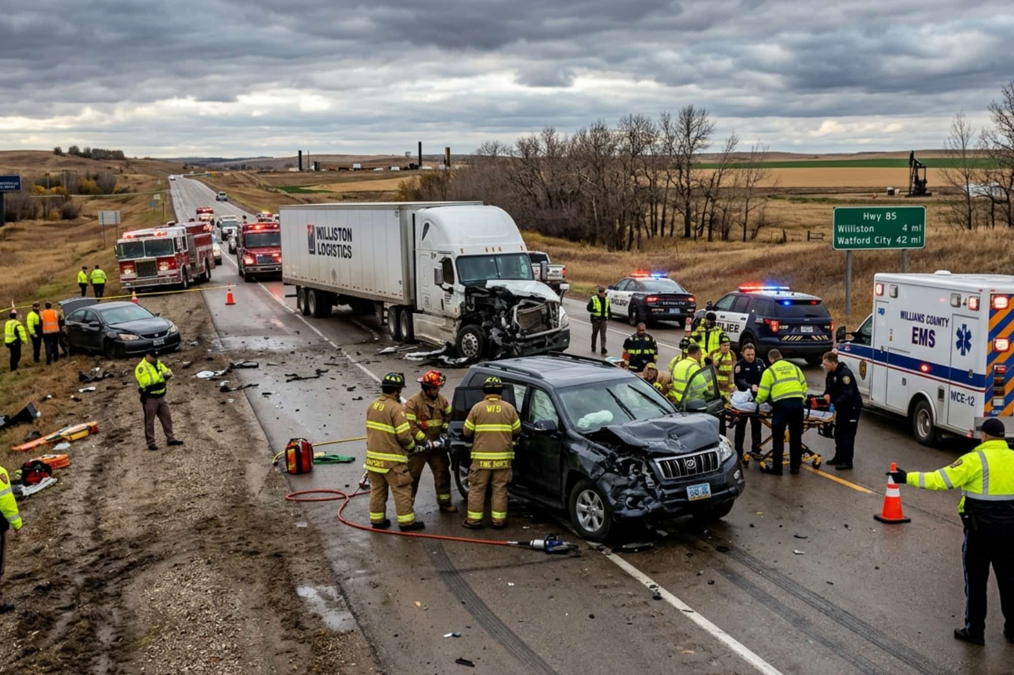 A multi-vehicle pileup at a busy road intersection, involving a pickup truck, an SUV, a sedan, and a van, with emergency vehicles and debris present.