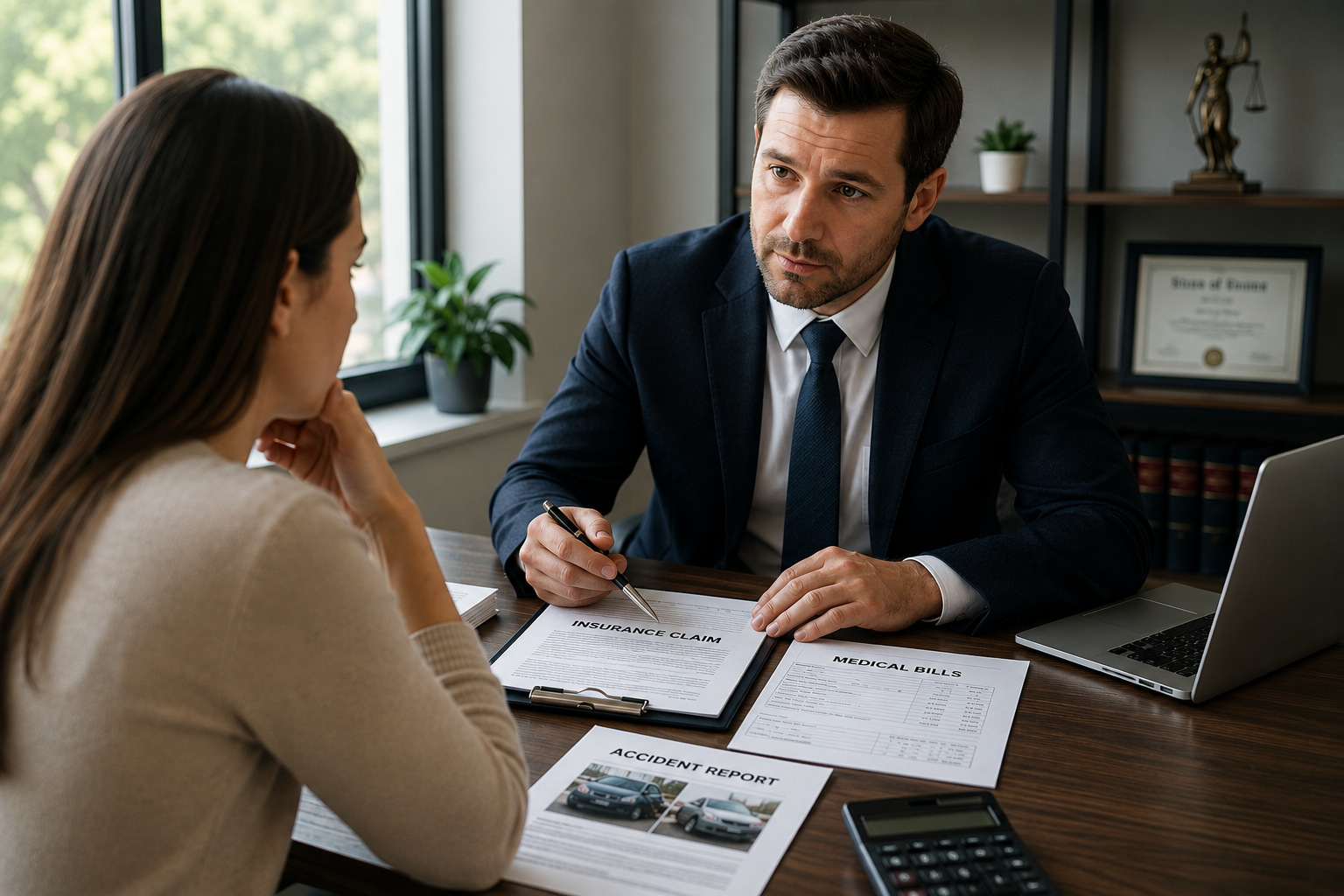 Car accident lawyer discussing insurance claims, medical bills, and compensation options with an injured client.