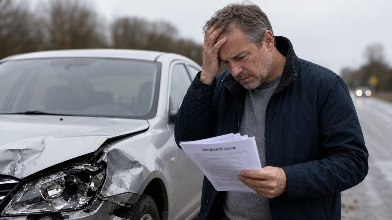 Concerned driver reviewing accident paperwork beside a damaged vehicle after discovering the other driver has no insurance.