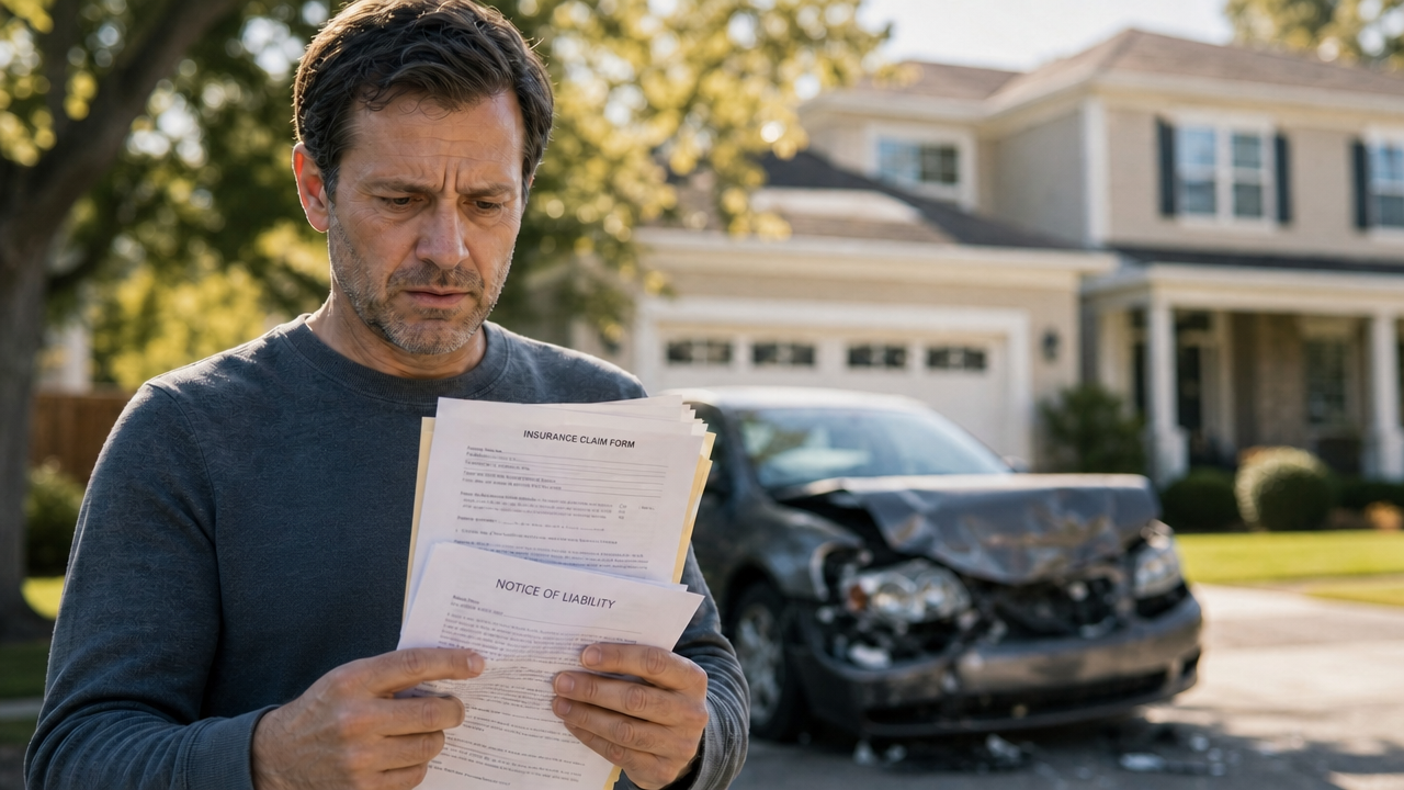 Suburban home in the foreground with a damaged vehicle and legal documents in the background, illustrating financial liability after an at-fault car accident.