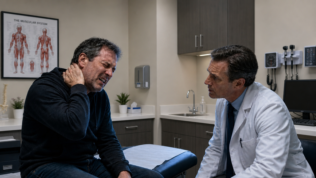Doctor evaluating a car accident victim for neck pain and whiplash symptoms in a modern medical office.