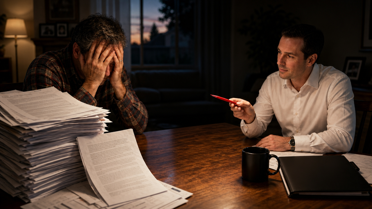 Homeowner meeting with an insurance advisor to review liability coverage and asset protection strategies.