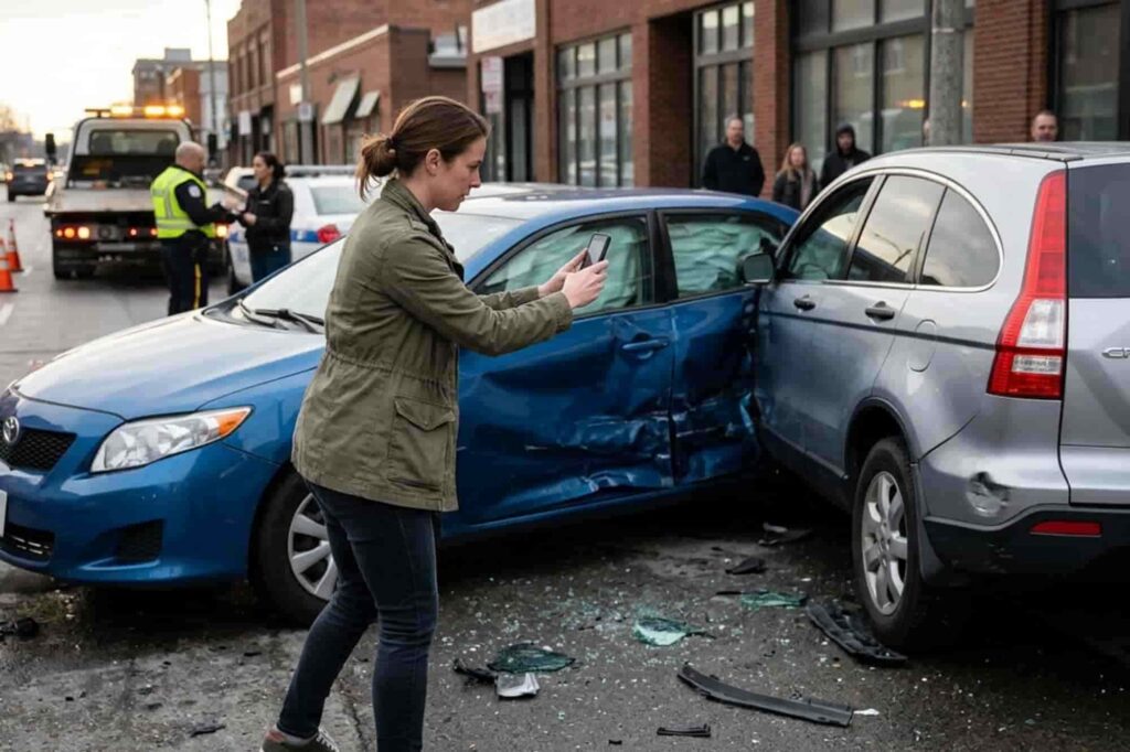 A person takes a photo of two crashed cars on a highway with a police officer and an emergency vehicle in the background.